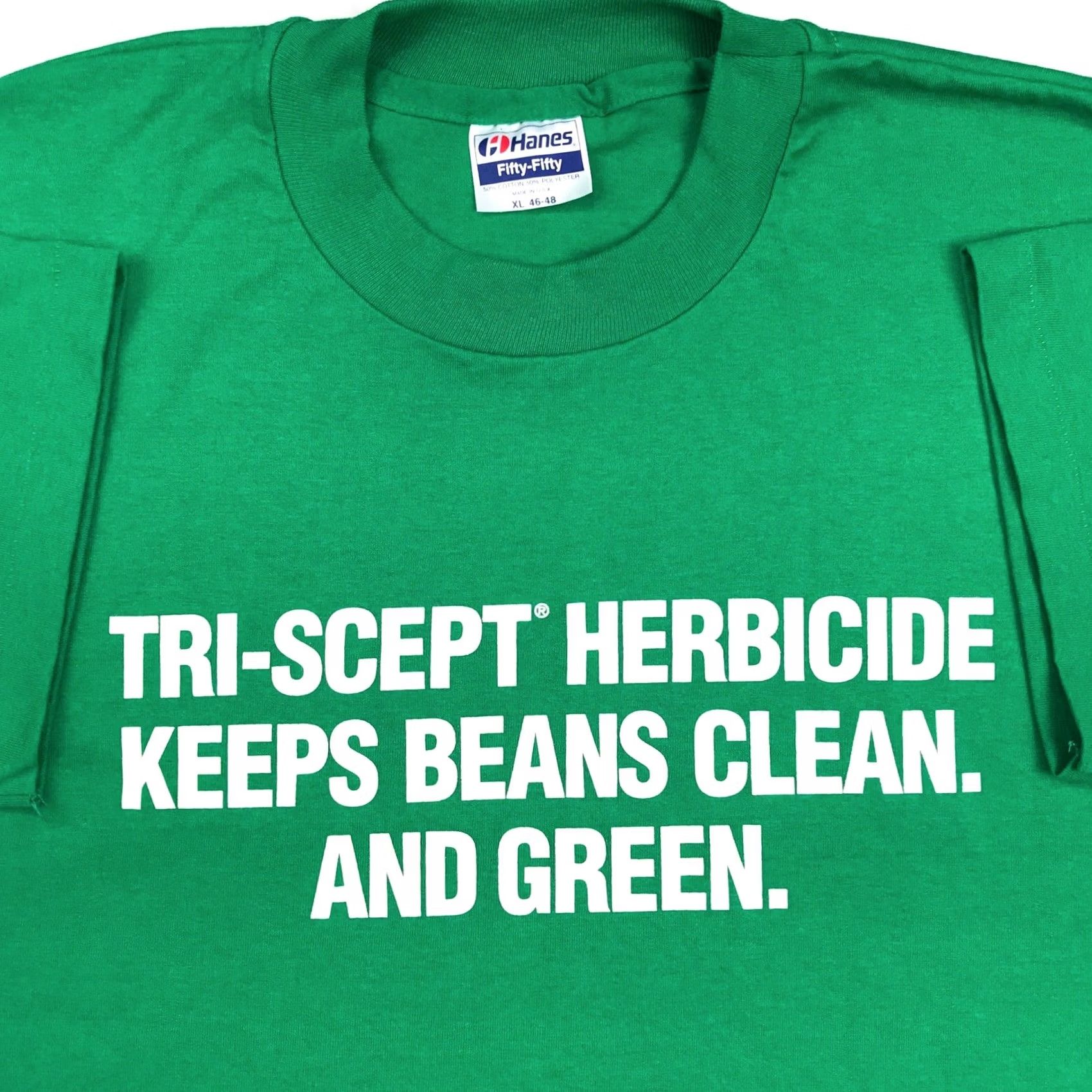 Hanes VINTAGE Hanes T-Shirt Men XL Green 80s 90s TRI-SCEPT HERBICIDE KEEPS BEAN CLEAN & GREEN Short Sleeve Cotton Blend Single Stitch Size US XL / EU 56 / 4 - 6 Thumbnail