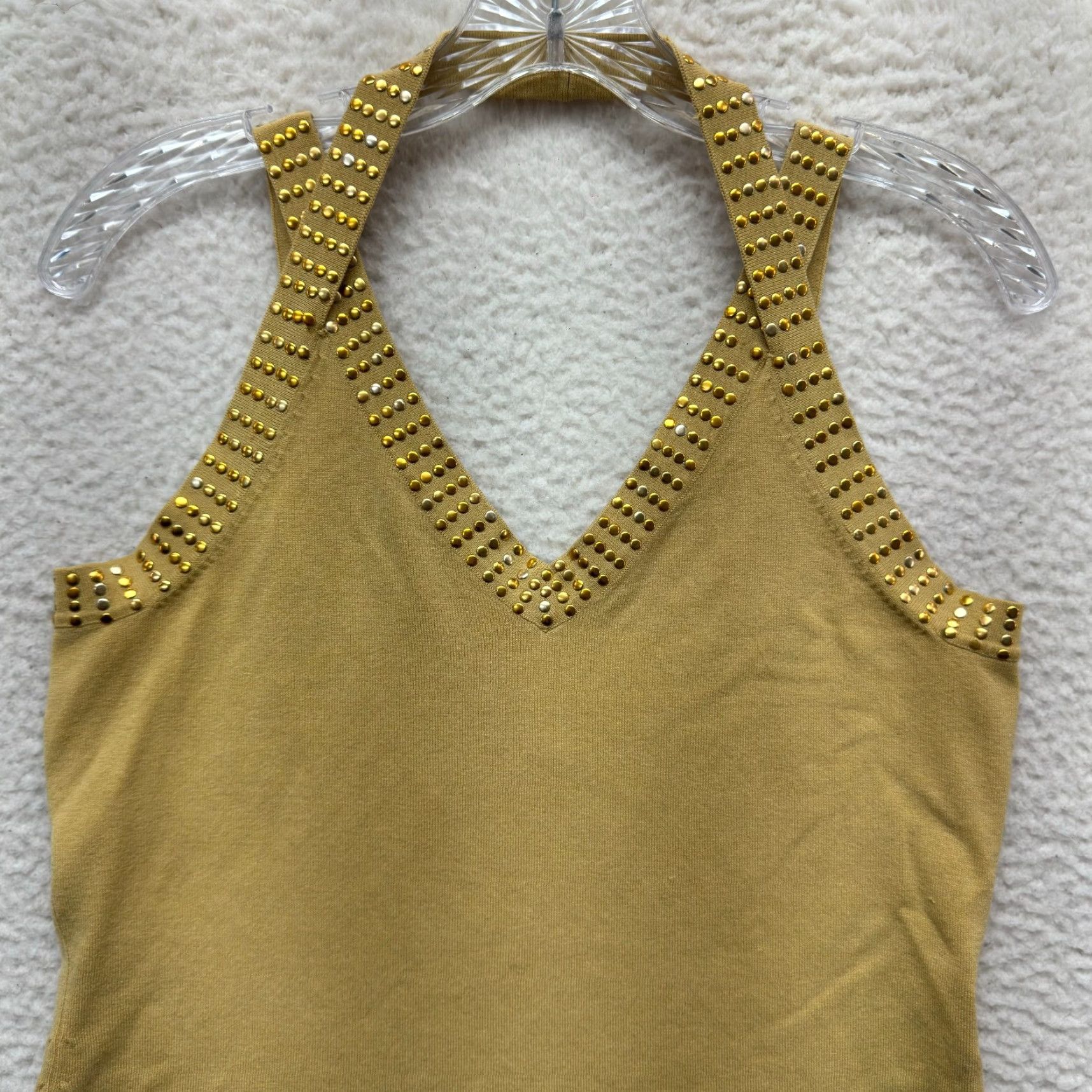 Vintage VINTAGE Y2K Halter Top Shirt Medium Silk Blend Mustard Yellow Knit Studded McBling Mens Girls Womens Size M / US 6-8 / IT 42-44 - 3 Thumbnail