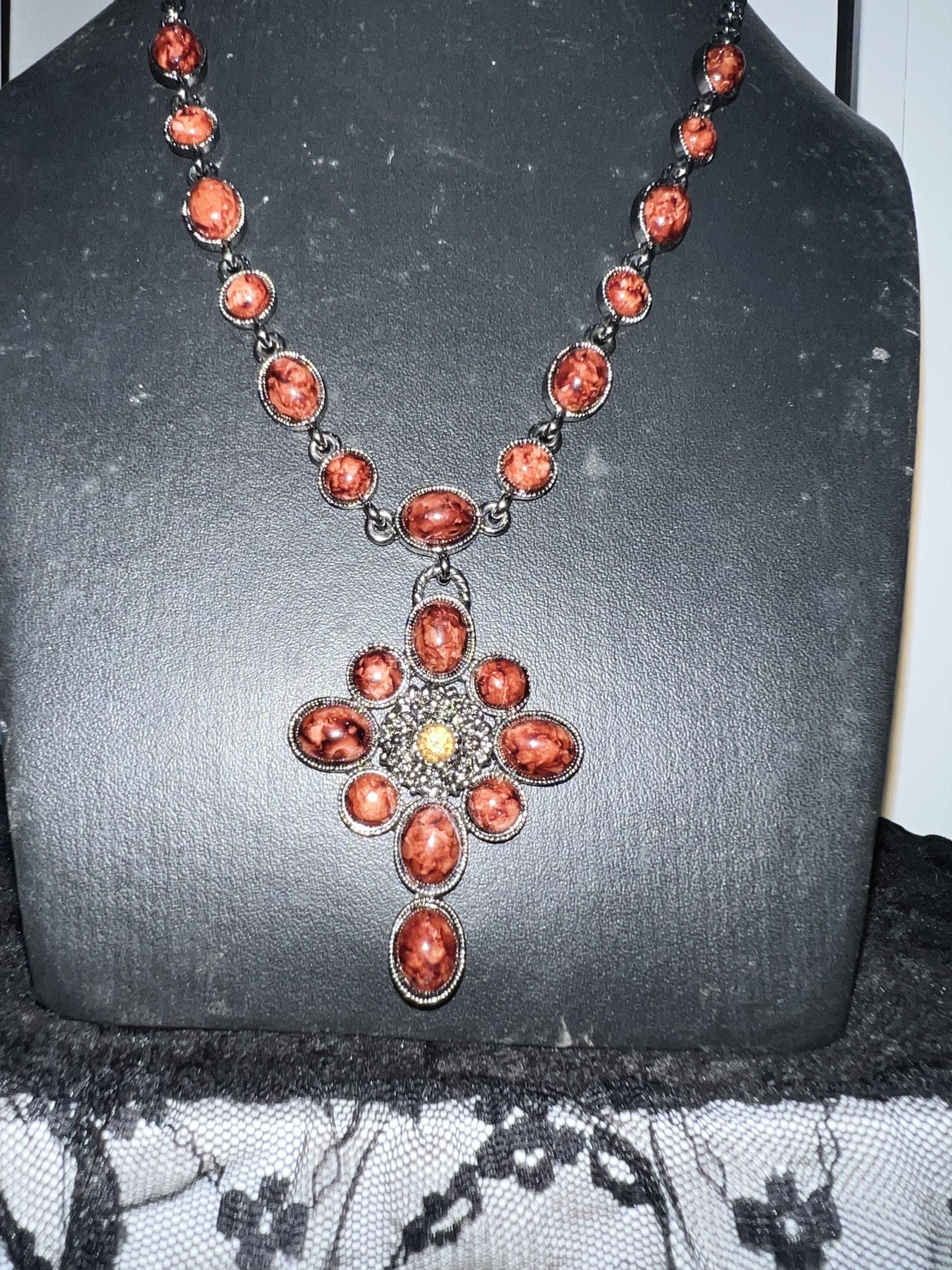 Other ➕Cross reddish spiny oyster stones necklace 🥀 Size ONE SIZE - 5 Thumbnail