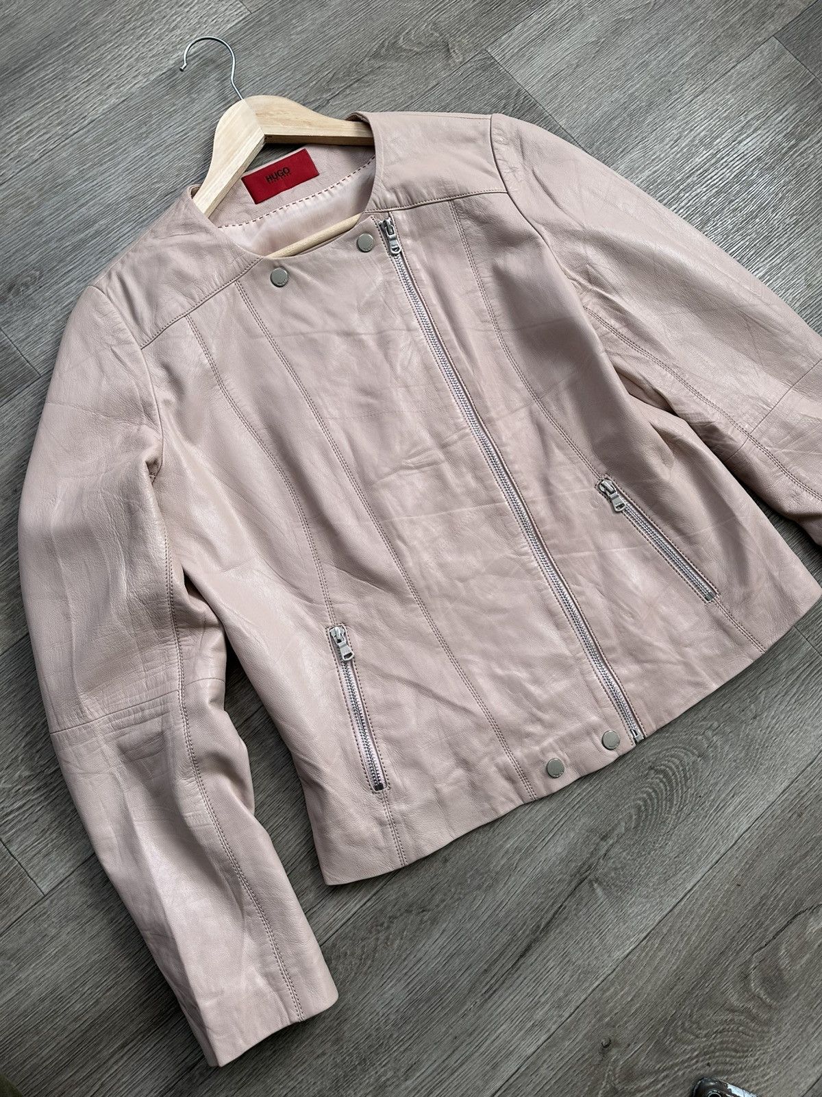 Hugo × Hugo Boss 🫧HUGO LEATHER JACKET Ladies Biker Size L / US 10 / IT 46 - 6 Thumbnail