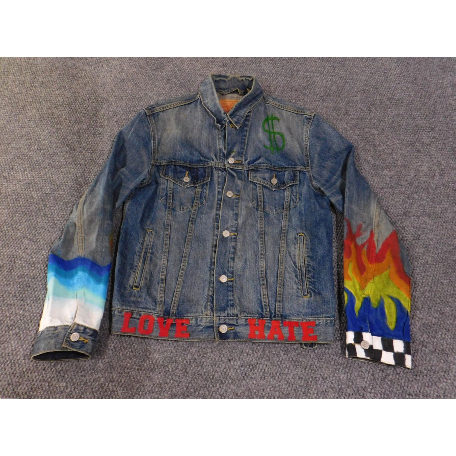 Levi's VINTAGE Levi's Jacket Mens Medium Blue Denim Hand-Painted Love Hate Flames Art Bomber Jacket Size US M / EU 48-50 / 2 - 2 Thumbnail