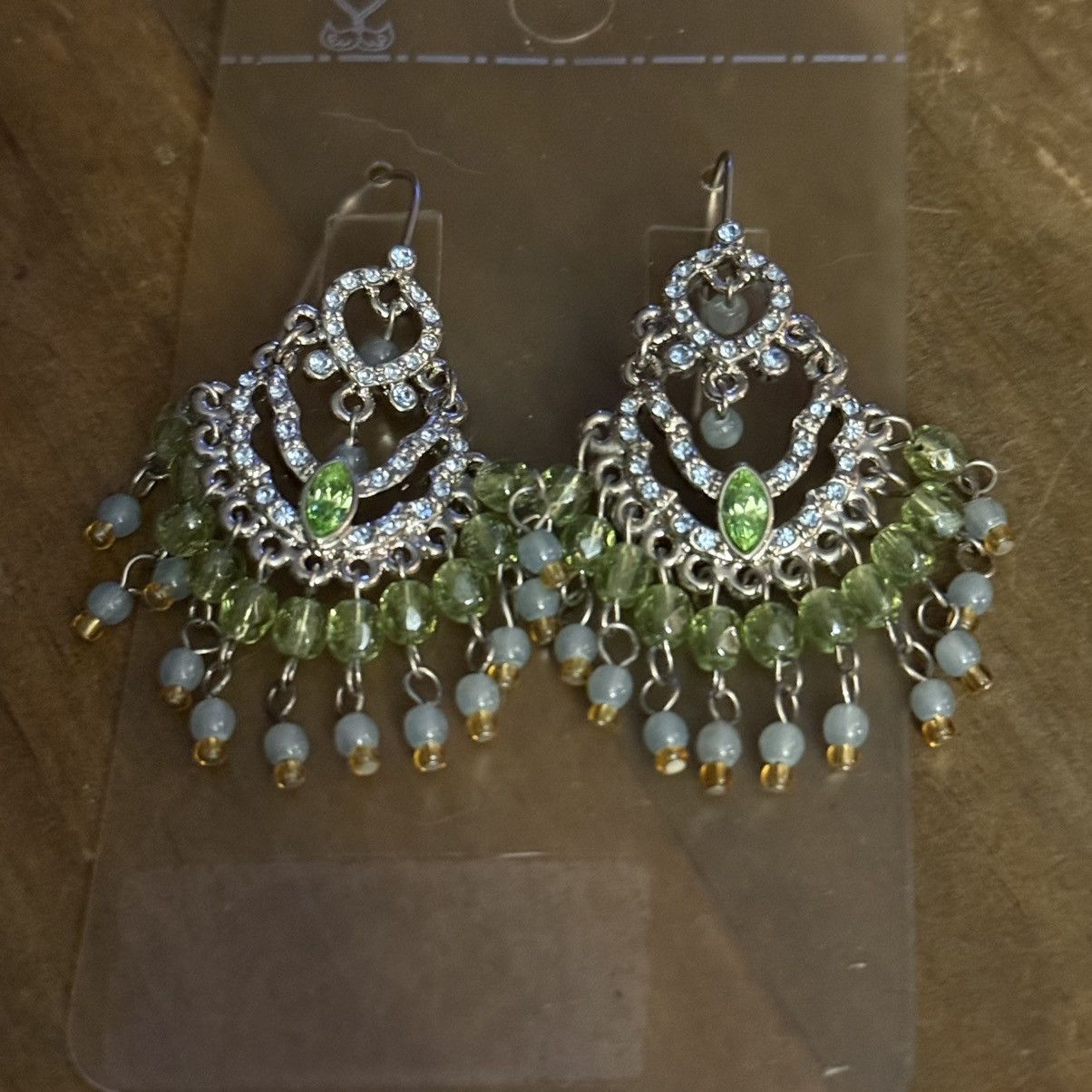 Other Silver tone green beads and rhinestones chandelier earrings Size ONE SIZE - 4 Thumbnail