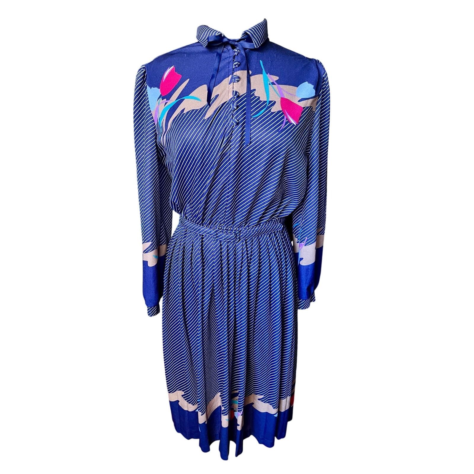 Vintage Vintage 70’s ILGWU Blue Striped Secretary Dress Med Large Size M / US 6-8 / IT 42-44 - 1 Thumbnail