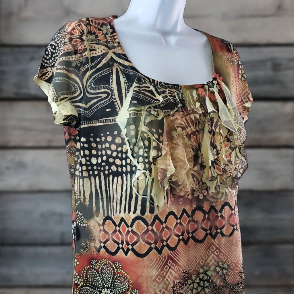 Vintage Chicos Womens Top Sz M Yellow Black Ruffle Embellished Short Sleeve Shirt Size M / US 6-8 / IT 42-44 - 1 Thumbnail