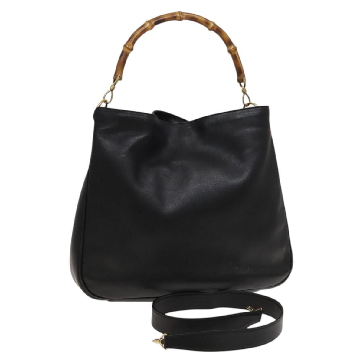 GUCCI Bamboo Hand Bag Leather Black Gold 001 001