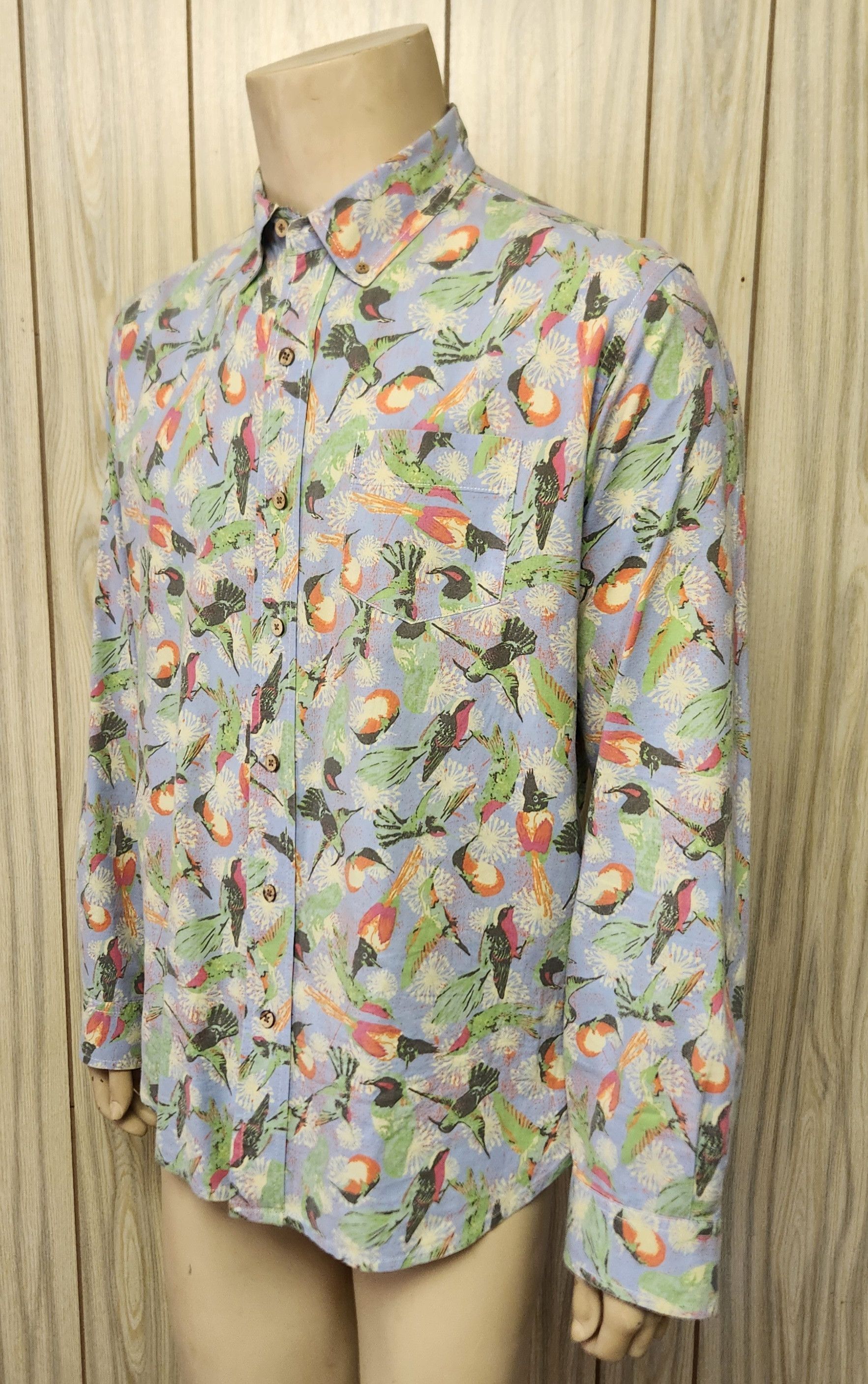 Alan Flusser men's Flusser shirt L blue cotton birds flowers button-down Size US L / EU 52-54 / 3 - 2 Thumbnail