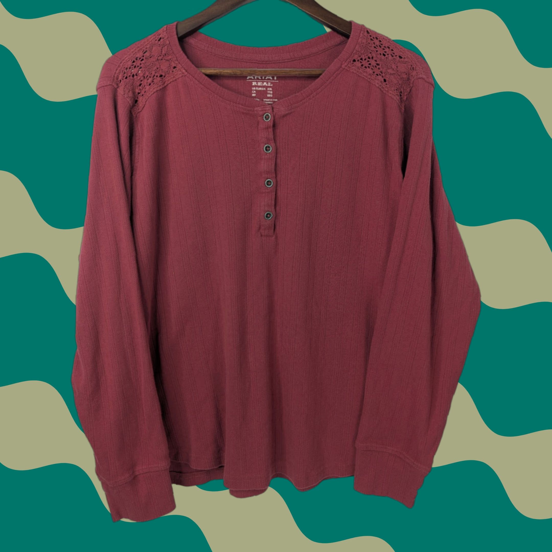 Ariat Ariat Womens Henley Top 2XL Red Pointelle Crochet Lace Knit Casual Shirt Blouse Outdoor Western Size XXL / US 16-18 / IT 52-54 - 1 Thumbnail