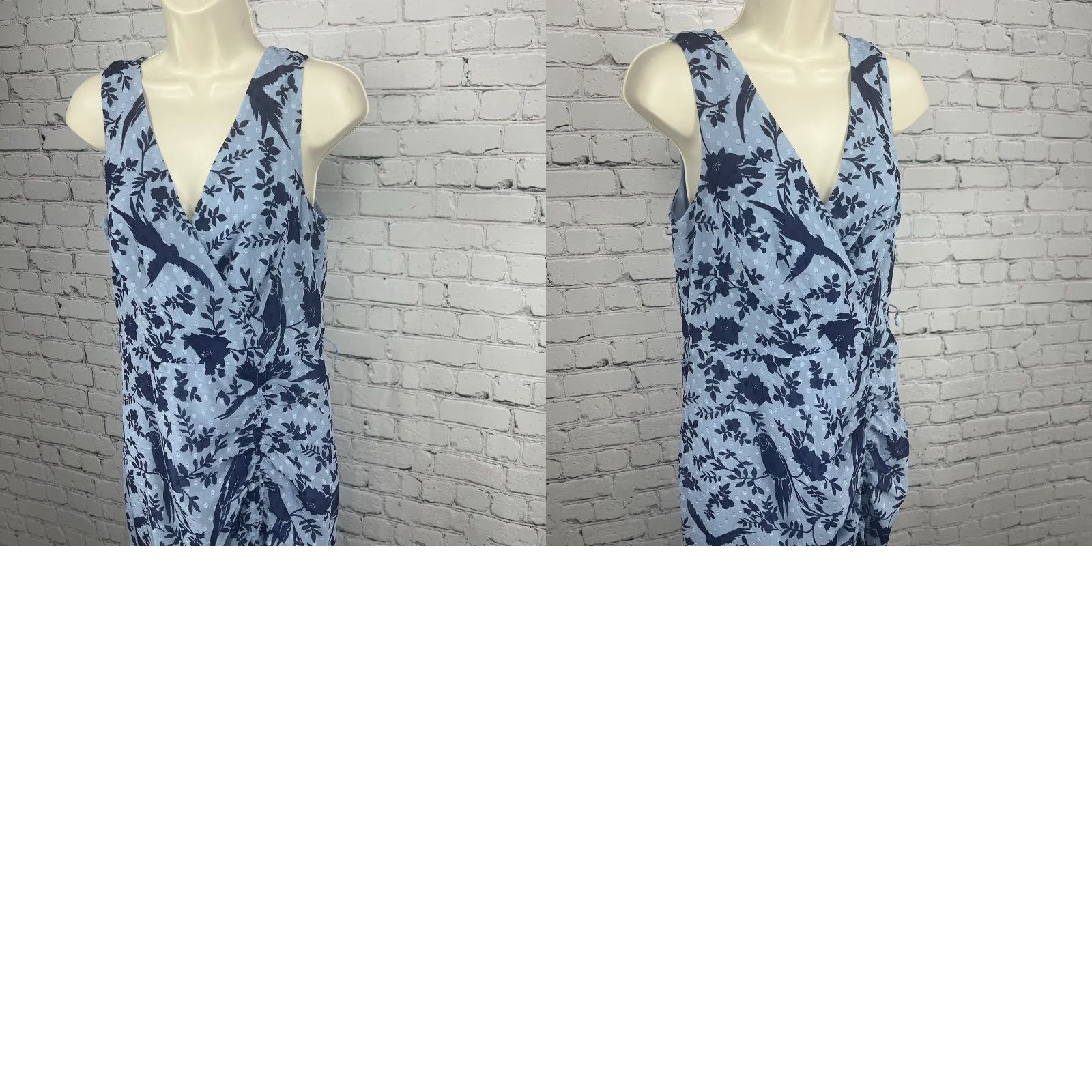 Vintage Eliza J Dress Blue Macaw Bird Floral Sleeveless Textured Ruching Midi Trumpet V-Neck Zip 8 Womens Party/Cocktail, Bridal, Formal, Casual, Wedding Size M / US 6-8 / IT 42-44 - 9 Thumbnail