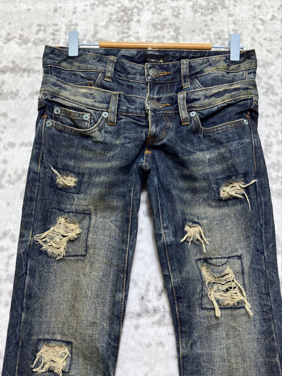 If Six Was Nine Japanese Distressed Double Waist Flare Denim Jeans Size US 29 - 3 Thumbnail