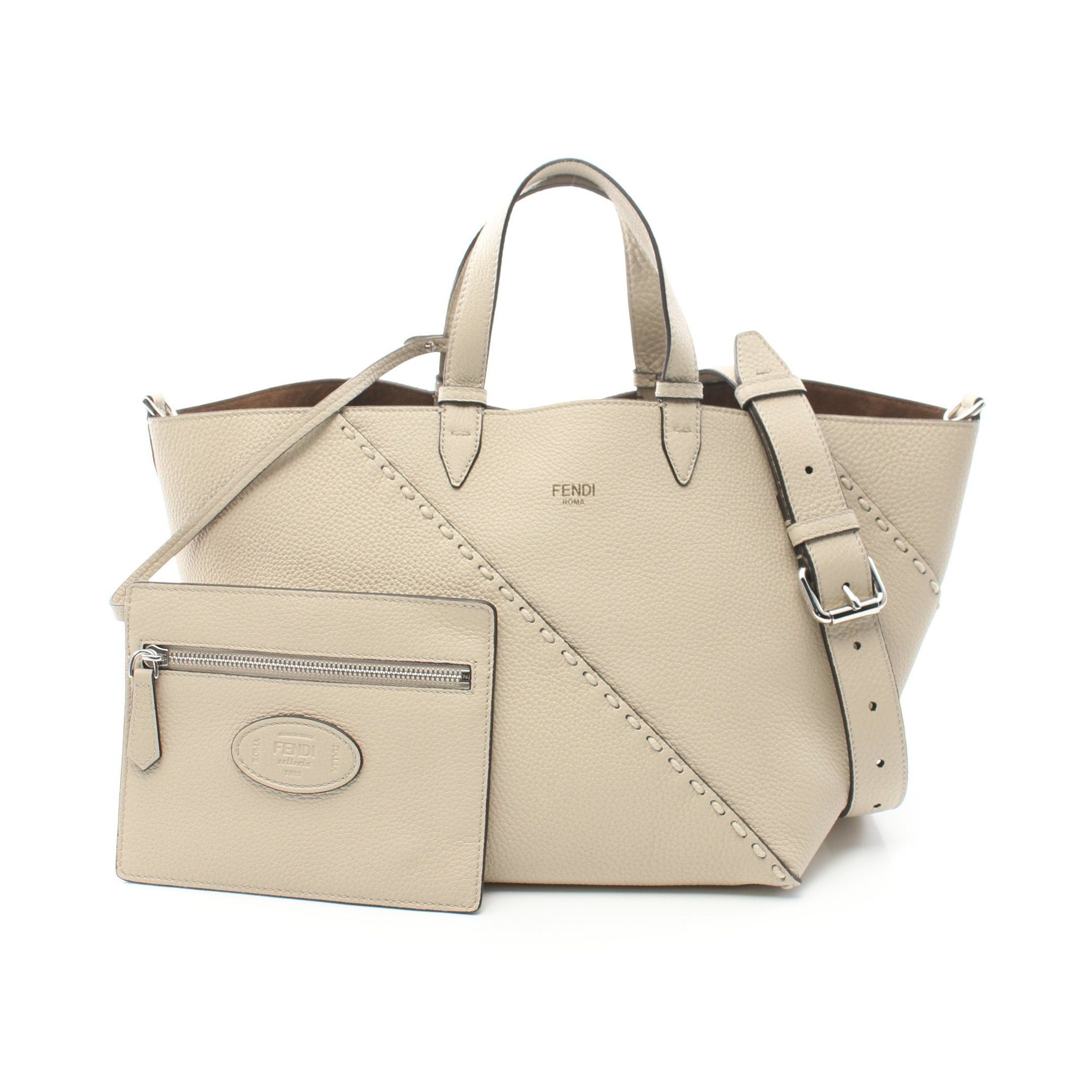 Fendi Selleria Diagonal Small Handbag Tote Bag Leather Light Beige