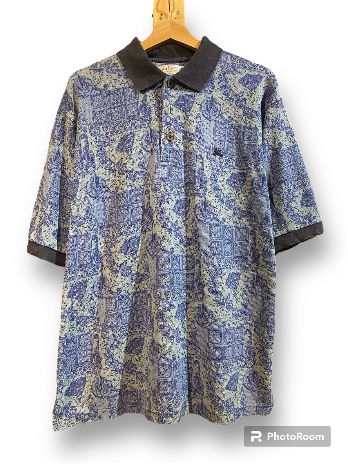 image of Burberrys Printed Collar Cotton Polo Shirt Tee in Blue, Men's (Size Large)