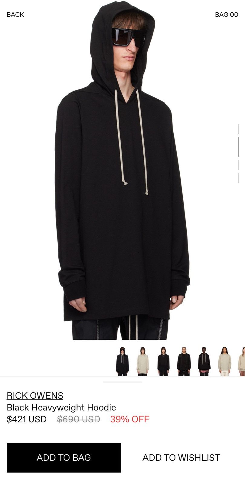 Rick Owens Drkshdw AW21 $492 RAW HEM HOODIE ELONGATED FIT BLACK MILK Size US L / EU 52-54 / 3 - 4 Thumbnail