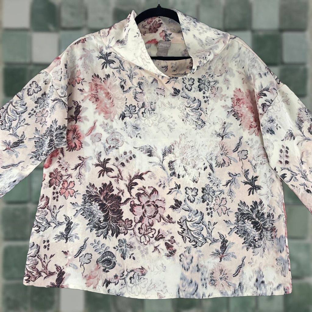 Vintage Chico's Shirt Womens Size 8/10 Ivory Parisian Floral Mock Neck 3/4 Sleeve Shirt Size M / US 6-8 / IT 42-44 - 1 Thumbnail