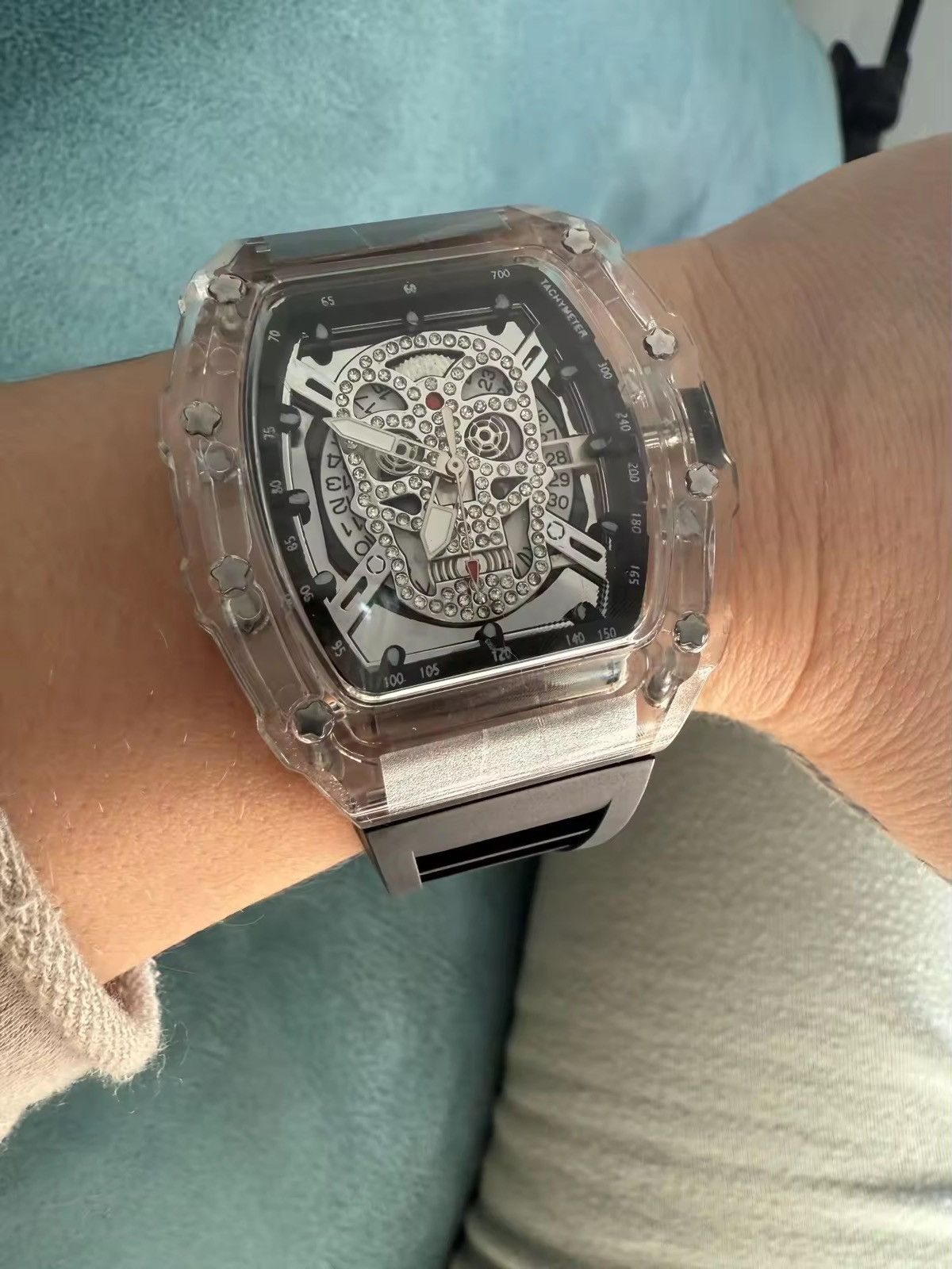 Jewelry Skull Transparent Watch in Silver, Men's