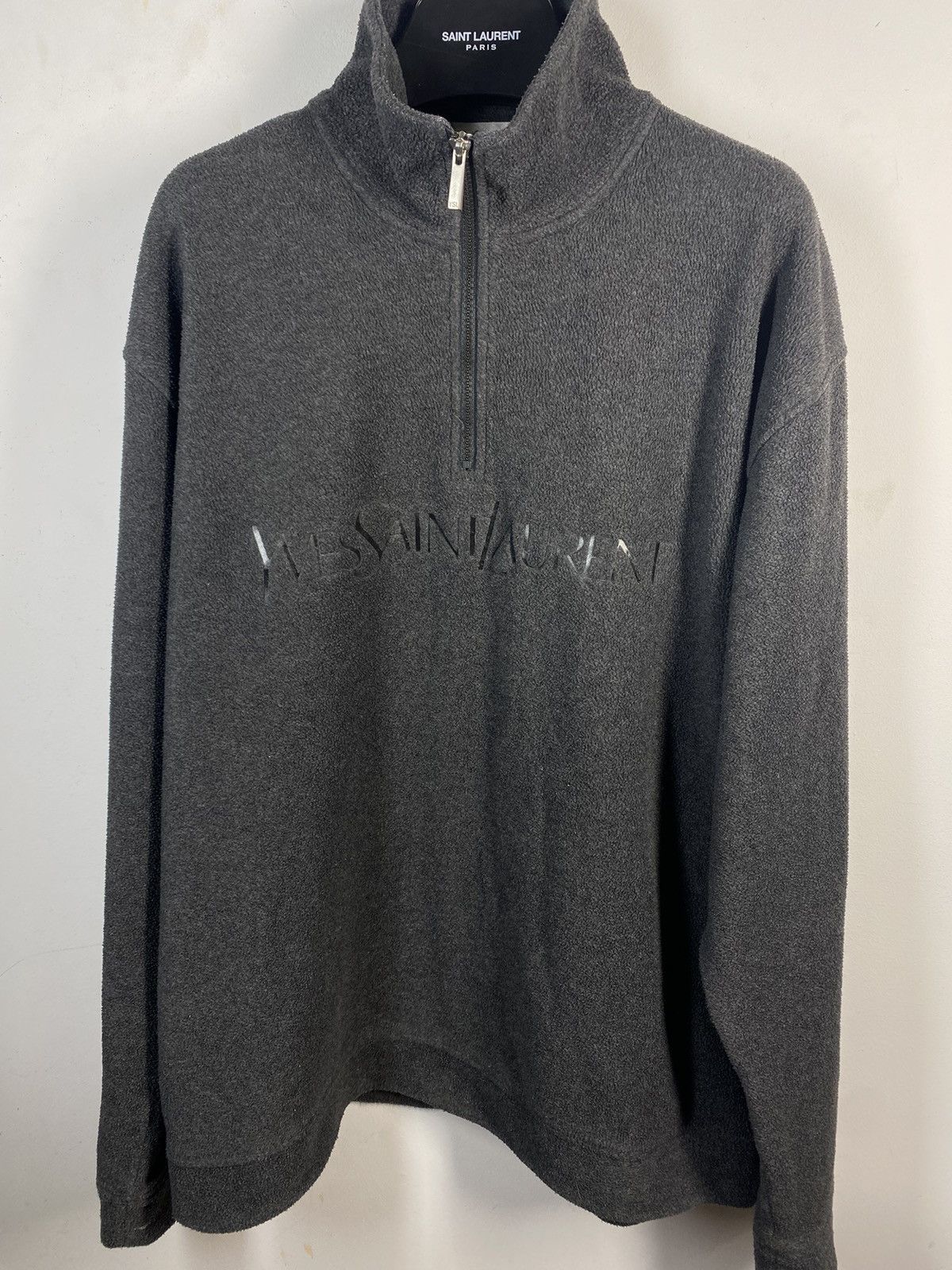 Yves Saint Laurent Fleece YSL Sweatshirt 1/4 Zip Big Logo Grey YSL Sweater Size US XL / EU 56 / 4 - 2 Thumbnail