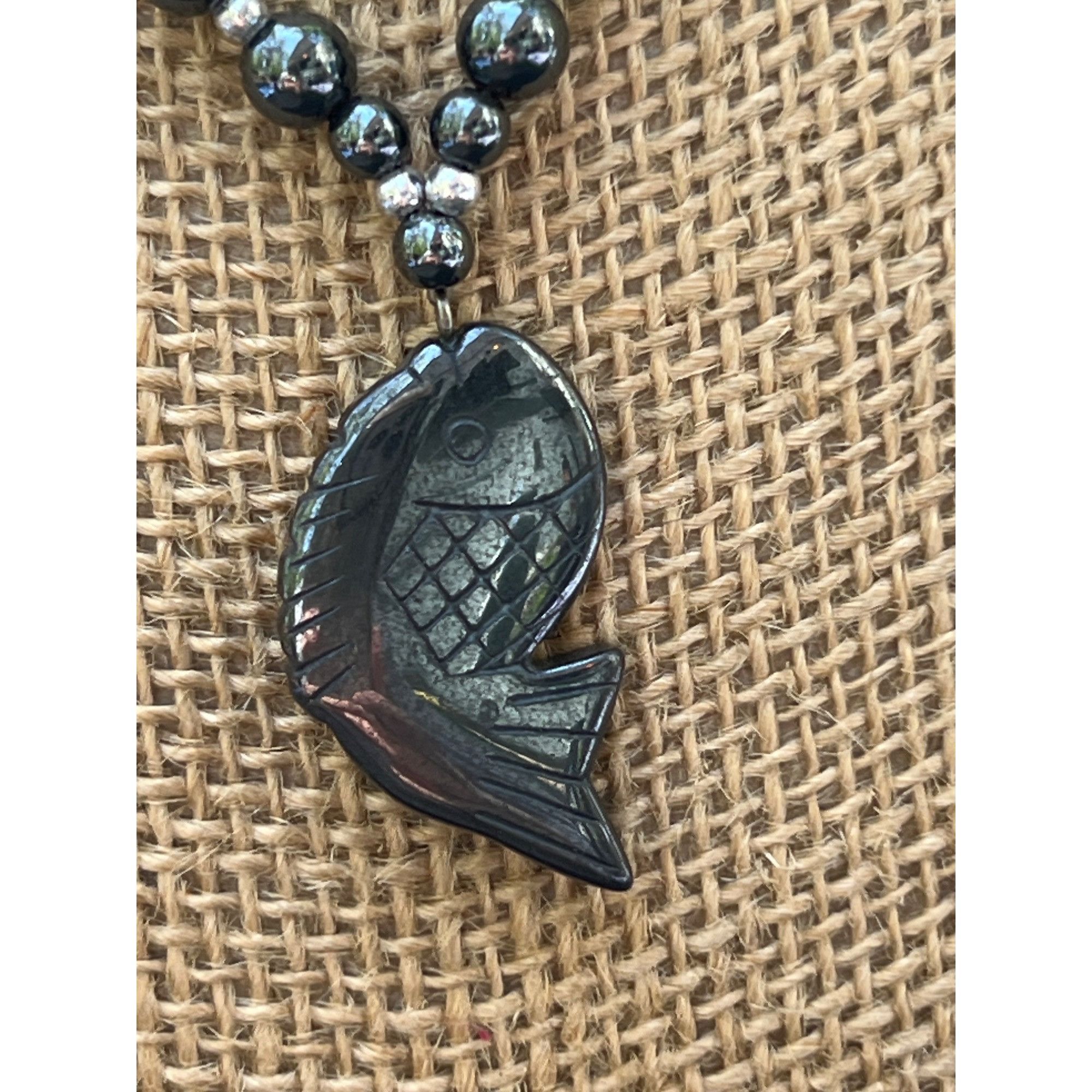 Other Hematite Gemstone Beaded Necklace With Carved Koi Fish Penda Size ONE SIZE - 2 Thumbnail