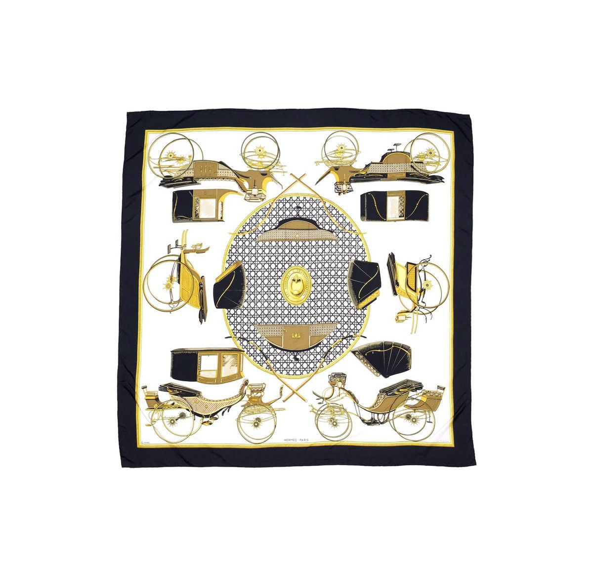 image of Hermes Carre 90 "les Voitures A Transformation" Silk Scarf in Black, Women's