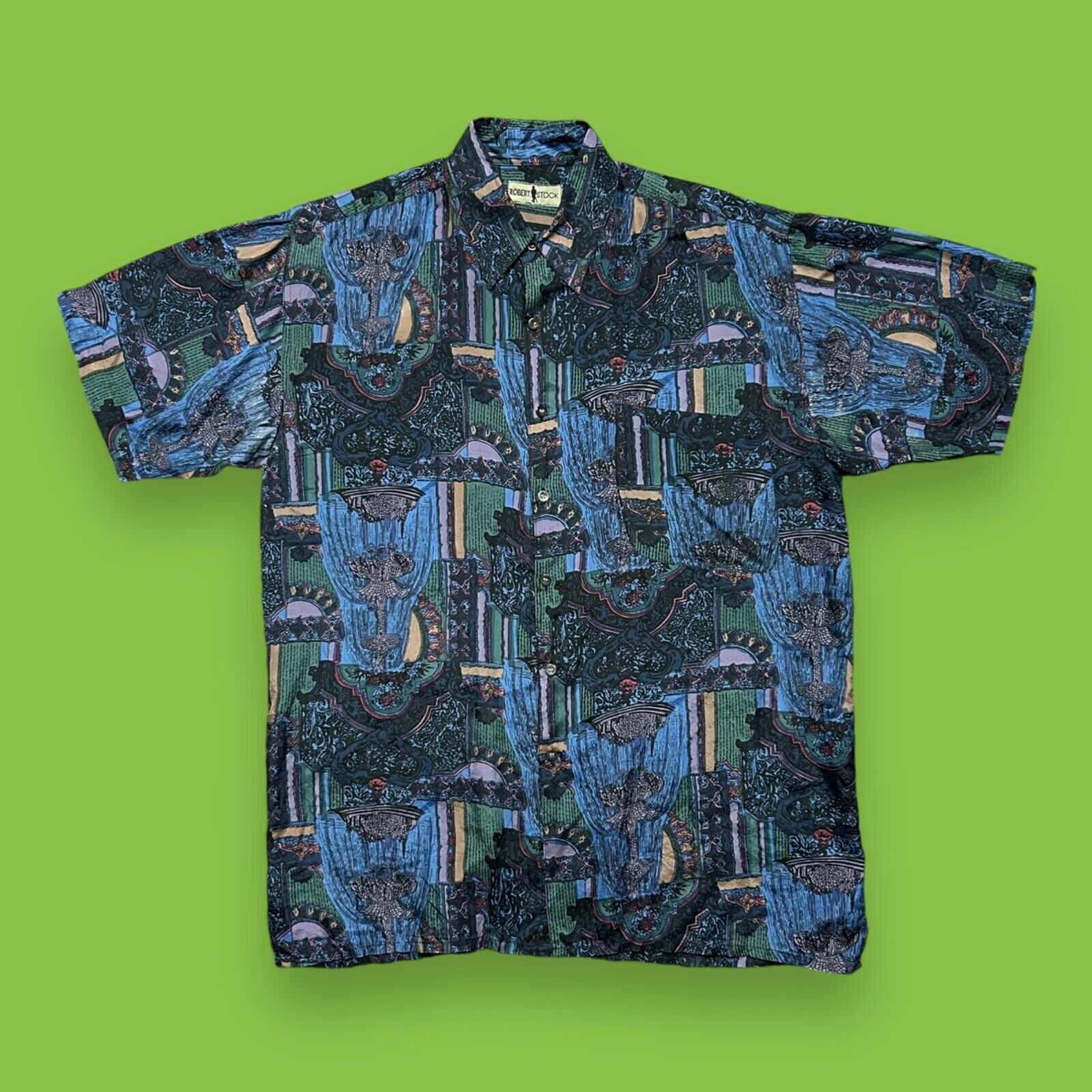 Vintage Vintage 80s Silk Shirt Abstract Art All Over Print Baggy Fit