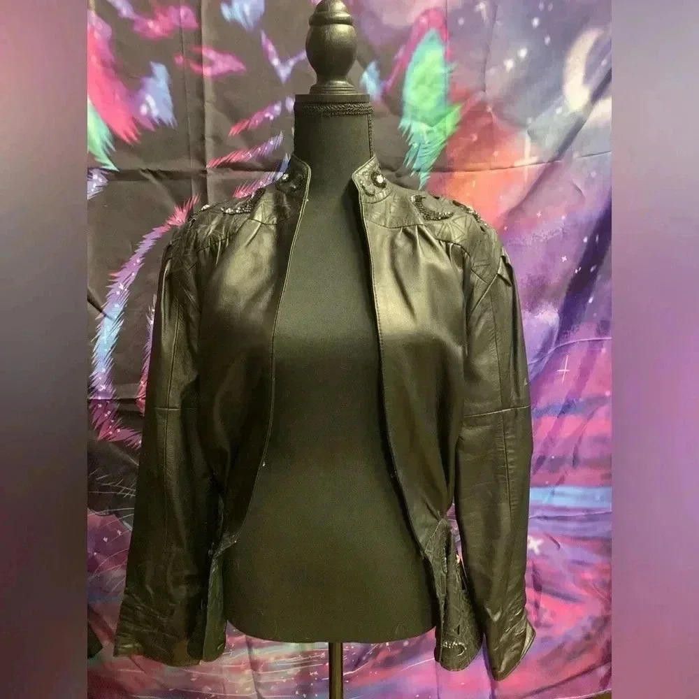Designer Vintage leather jacket with sequin detail Size M / US 6-8 / IT 42-44 - 2 Thumbnail