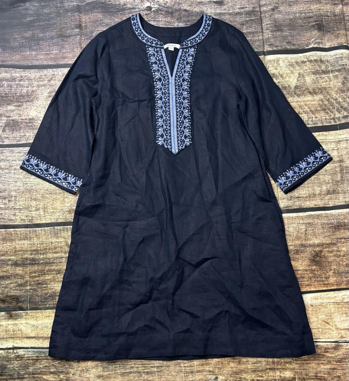 Chicos Chicos Dress Womens Size 8 Linen Embroidered Embellished Size M / US 6-8 / IT 42-44 - 1 Thumbnail