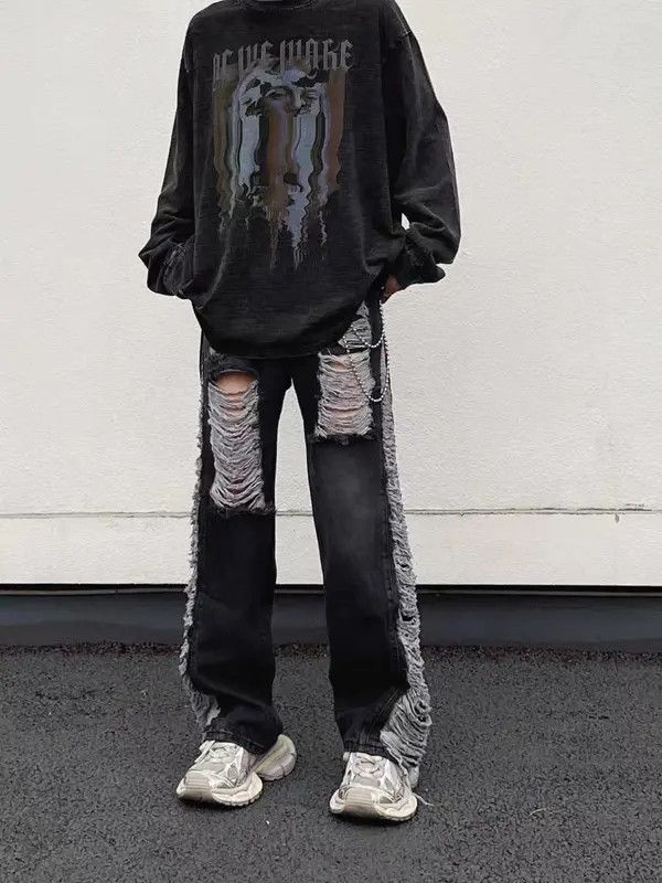 VIBE Retro fringed ripped straight-leg draped jeans Size US 32 / EU 48 - 4 Thumbnail