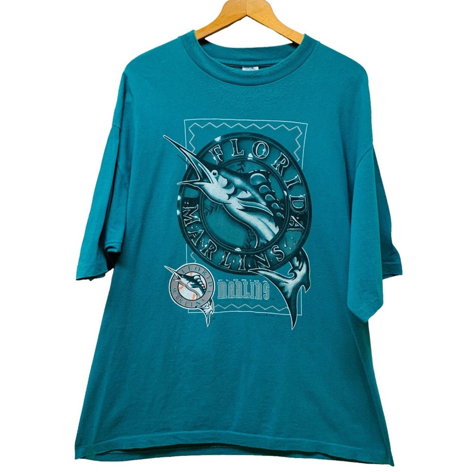Logo 7 Vtg 90s Logo 7 Florida Marlins Shirt Single Stitch Made USA Size US XL / EU 56 / 4 - 1 Thumbnail