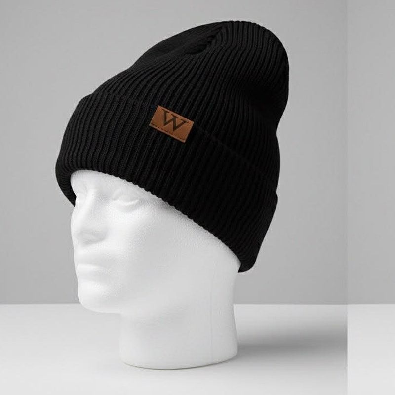 Other New Black Knit Beanie Hat w/ Leather "W" Patch Cuffed Winter Size ONE SIZE - 1 Thumbnail
