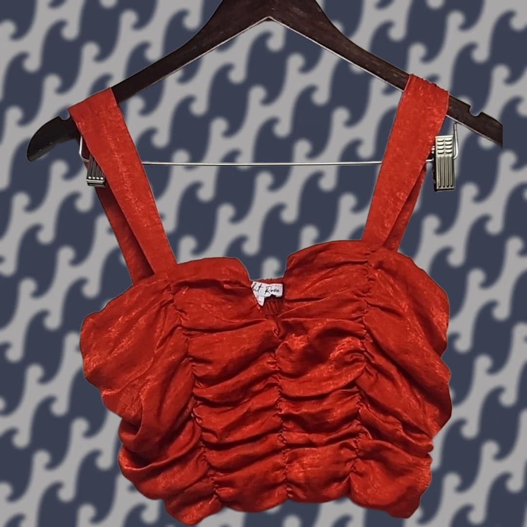 Vintage Rabbit Rose Red Smocked Ruched Crop Top Tank S Women Cottagecore Boho Festival Party Sleeveless Cropped Stretchy"} Size S / US 4 / IT 40 - 1 Thumbnail
