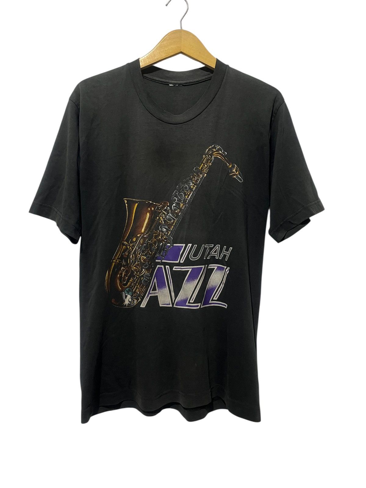 Vintage 90s Utah Jazz Saxophone Graphic Faded Black