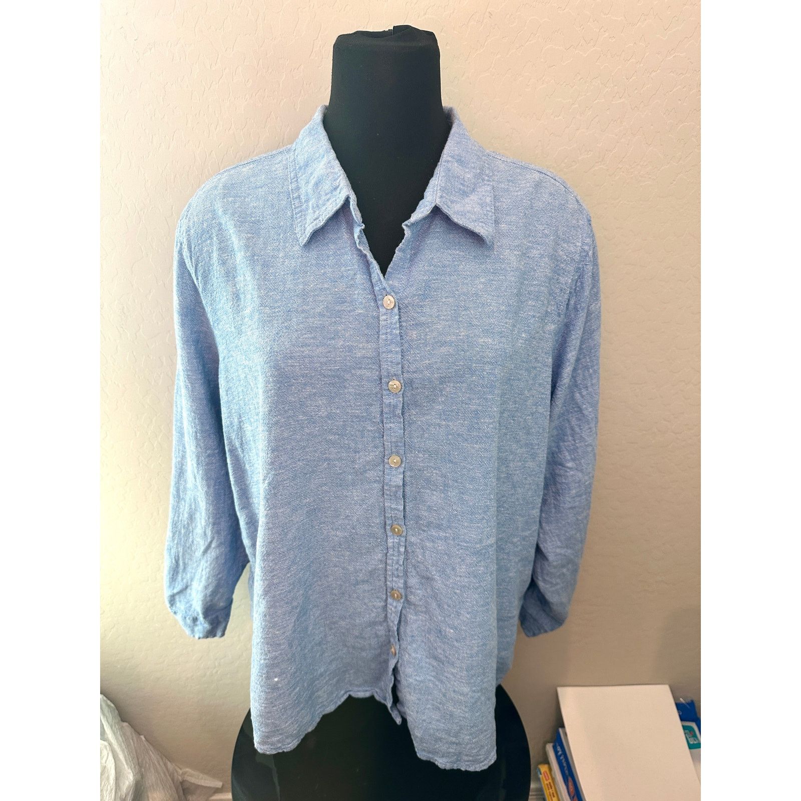 Orvis ORVIS | Blue Linen Blend Button Up Long Sleeve Shirt Size XXL / US 16-18 / IT 52-54 - 2 Thumbnail