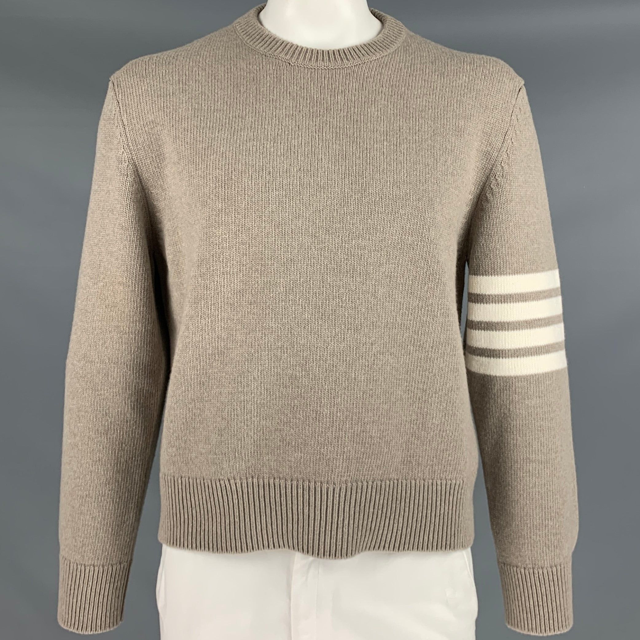 image of Thom Browne Oatmeal White Stripe Wool Knit Crewneck Sweater, Men's (Size XL)