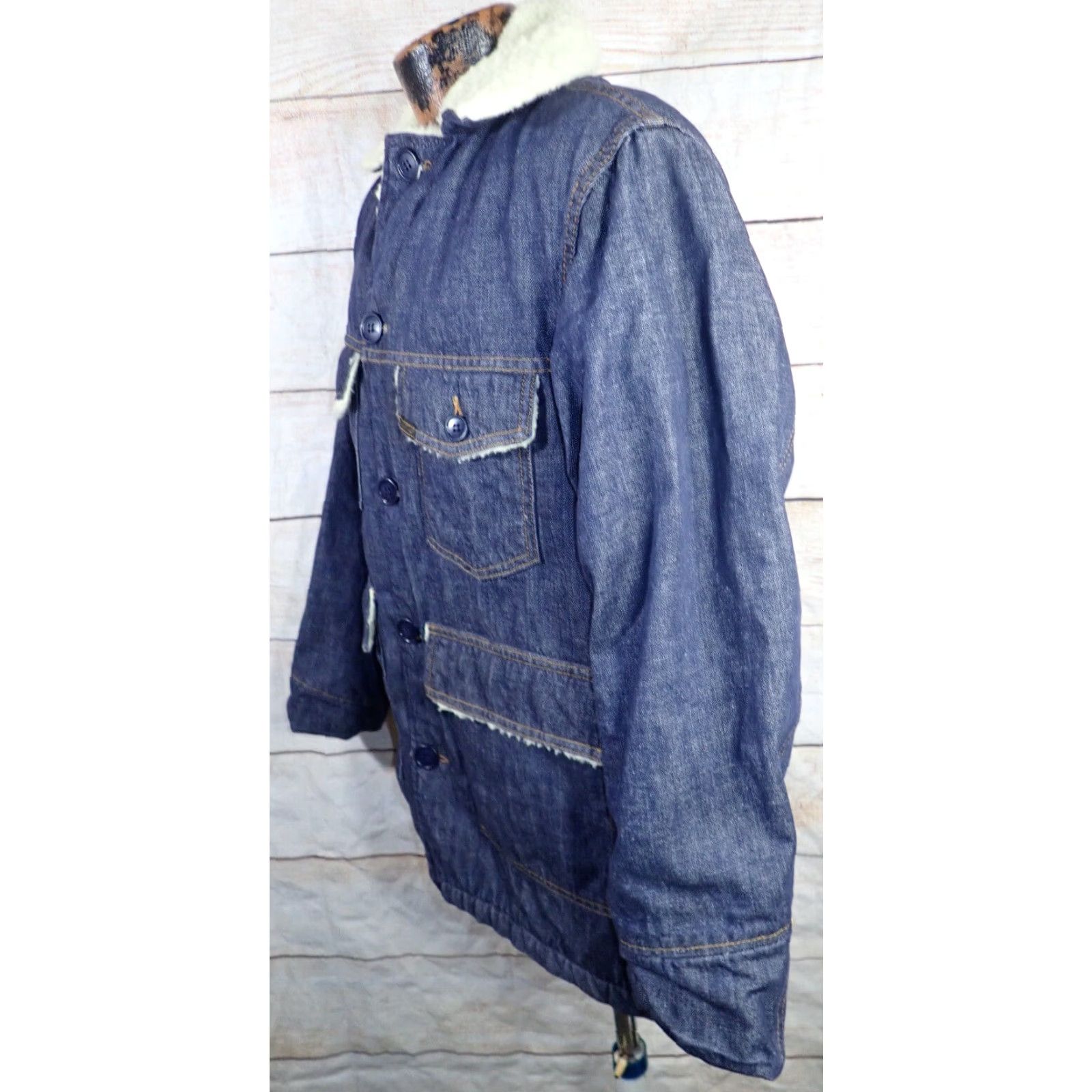 Sears VINTAGE ROEBUCK'S SEARS Denim Indigo 70s Coat Sherpa Lined Jacket Mens 38R 45" Chest 30" Length 23.5" Arm 18" Shoulder CHORE STYLE USA Mens Boys? Size US XXS / EU 40 - 3 Thumbnail