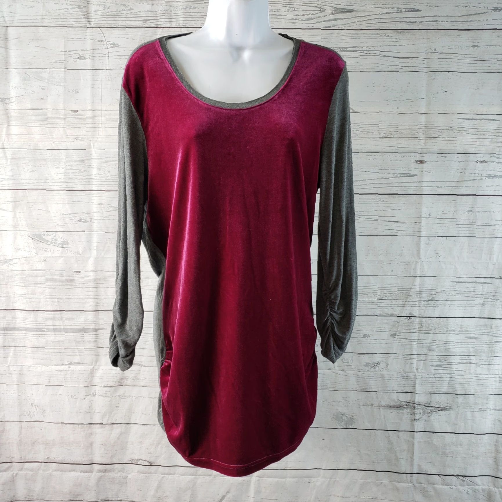 Vintage Sundance Velvet Front Top Blouse Womens L Gray Maroon Ruched Sleeve Scoop Neck Top Size L / US 10 / IT 46 - 2 Thumbnail