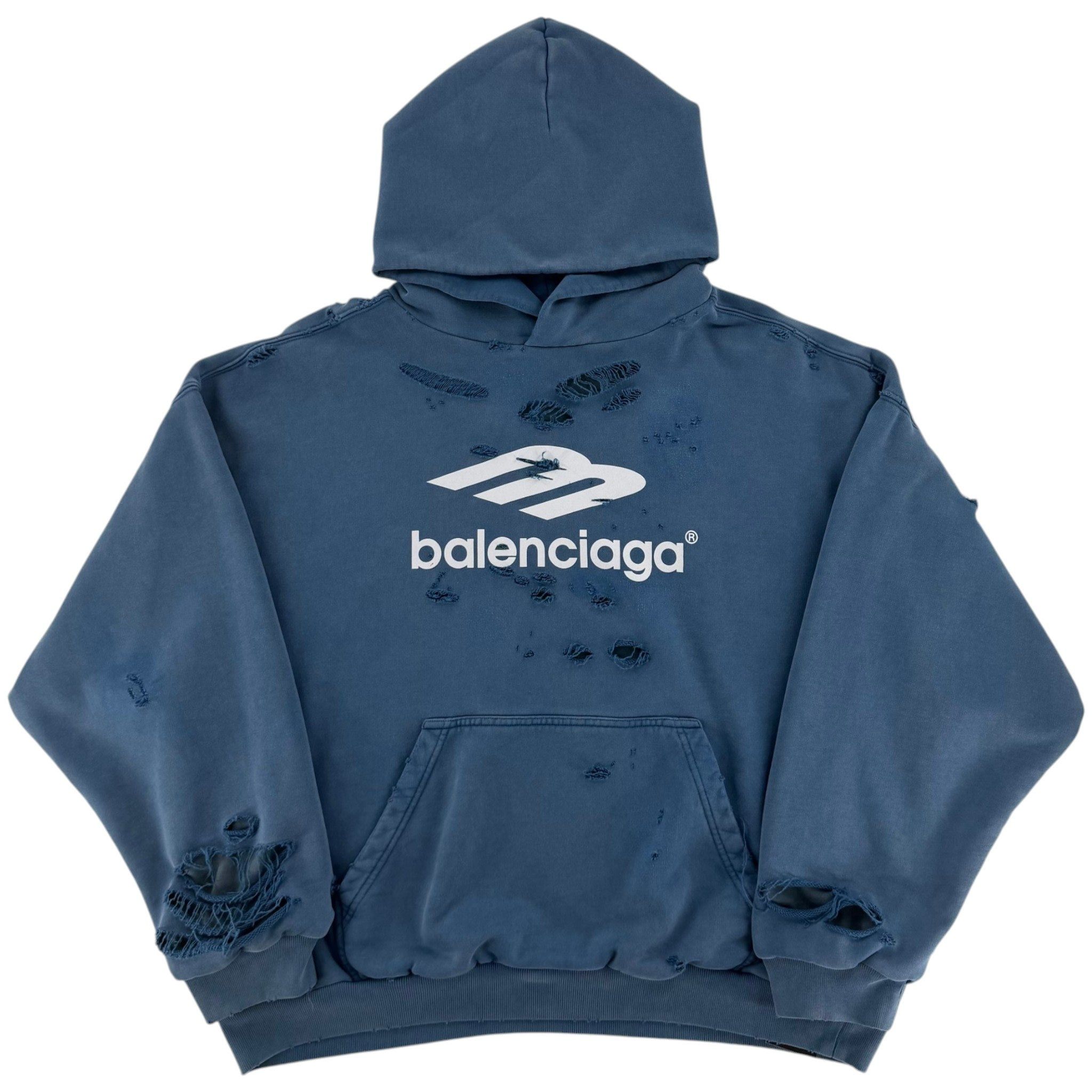 Balenciaga Distressed Logo Hoodie Blue Size US L / EU 52-54 / 3 - 1 Thumbnail