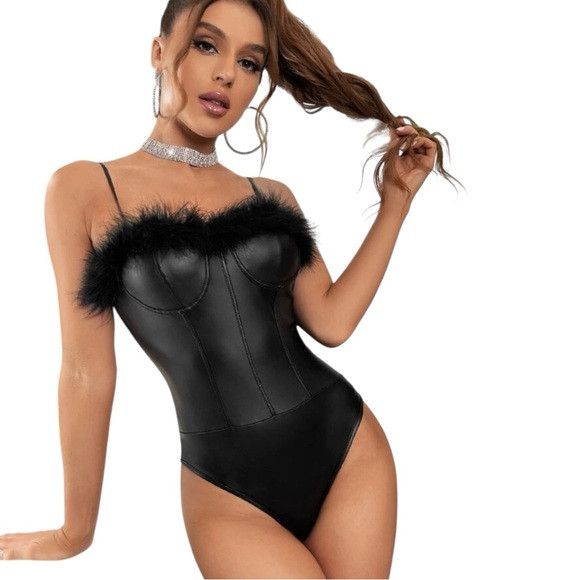 Other Women Black Fuzzy Trim Bustier Cami Bodysuit Size M / US 6-8 / IT 42-44 - 1 Thumbnail