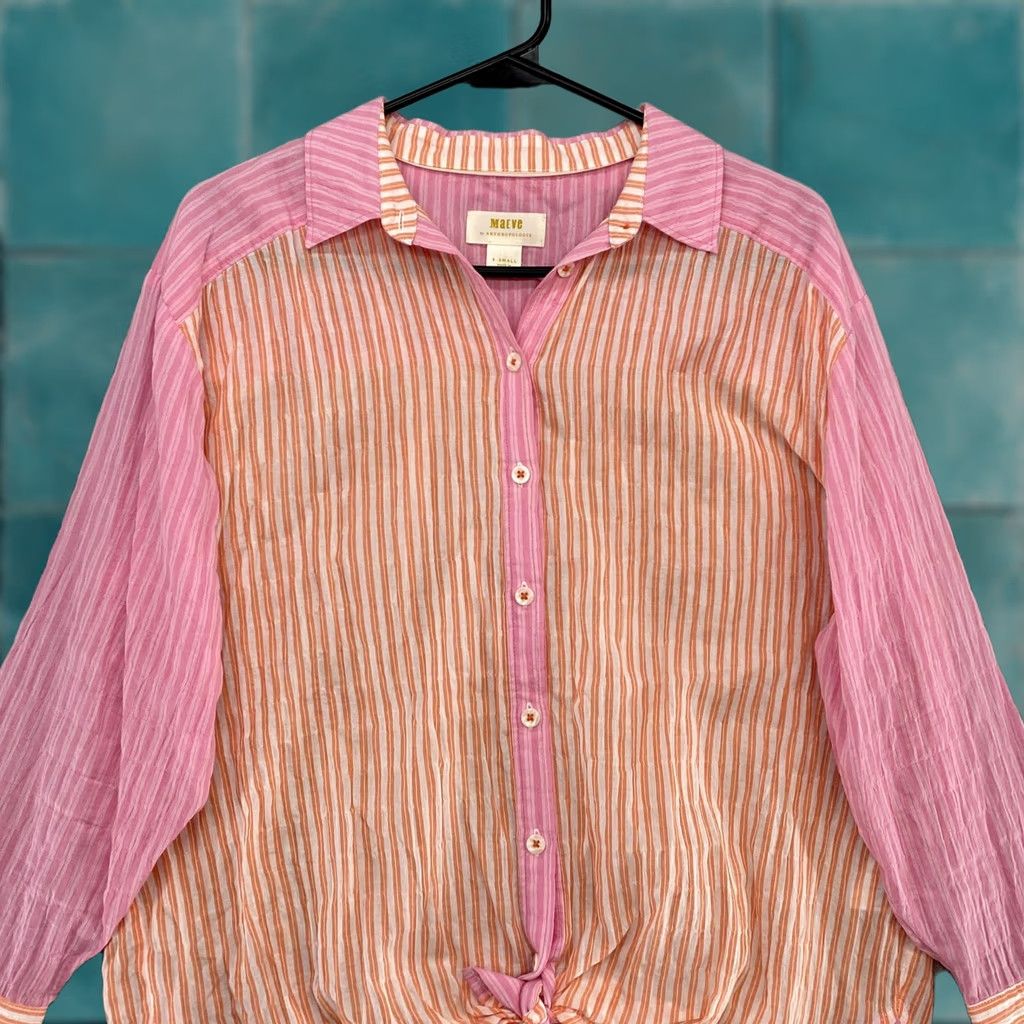 Vintage Maeve Striped Tunic Shirt XS Women's Button-Up Casual Cotton Blend Spandex Lightweight Collared Long Sleeve Button-Front 90s? Size XS / US 0-2 / IT 36-38 - 1 Thumbnail