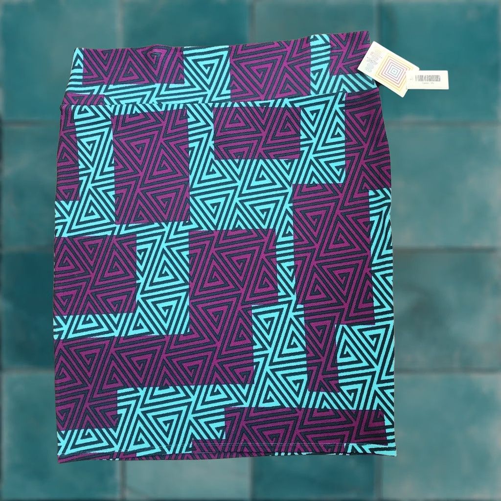 Vintage VINTAGE LuLaRoe Cassie Skirt 3XL Geometric Purple Teal Pencil Stretch NWT Size 40" / US 18 - 1 Thumbnail