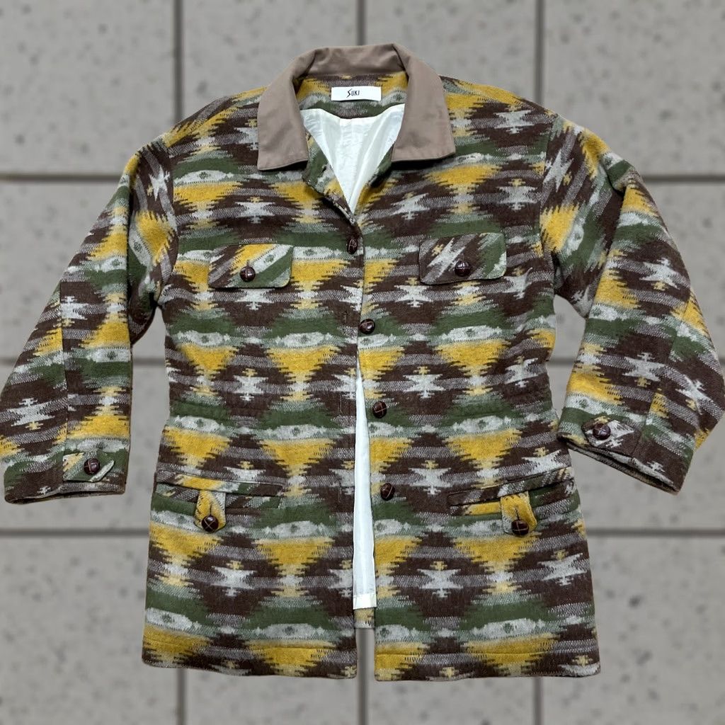 Vintage SUKI Southwestern Jacket Women M Lined Shacket Brown Buttons Green Yellow Hippie Size M / US 6-8 / IT 42-44 - 1 Thumbnail