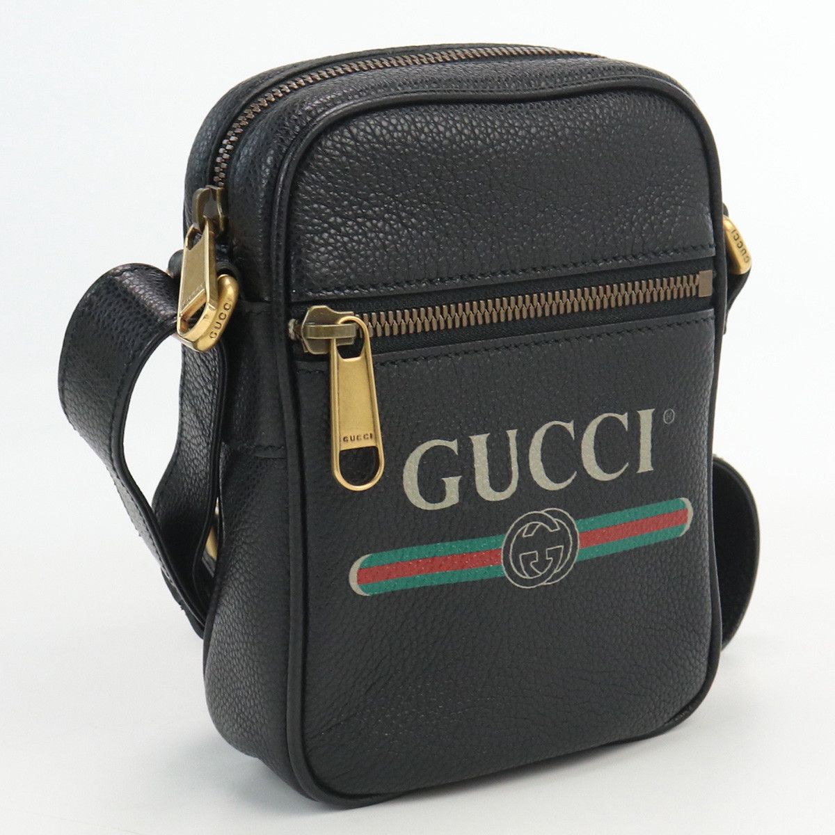 Gucci Logo Print Shoulder Bag Crossbody Leather Black