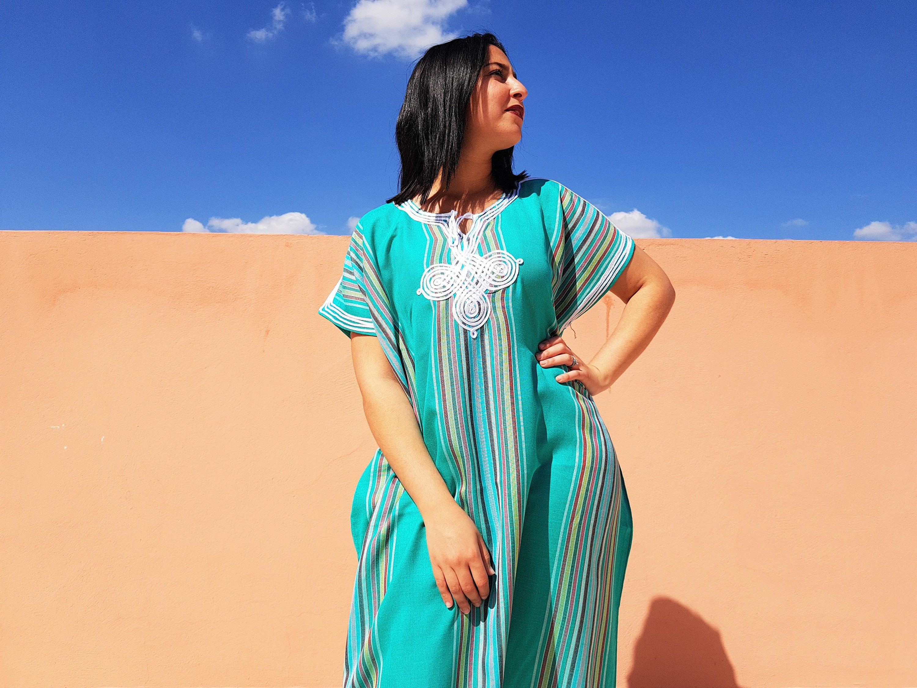 Designer × Handmade Cute Light Blue Moroccan Kaftan Size ONE SIZE - 1 Thumbnail