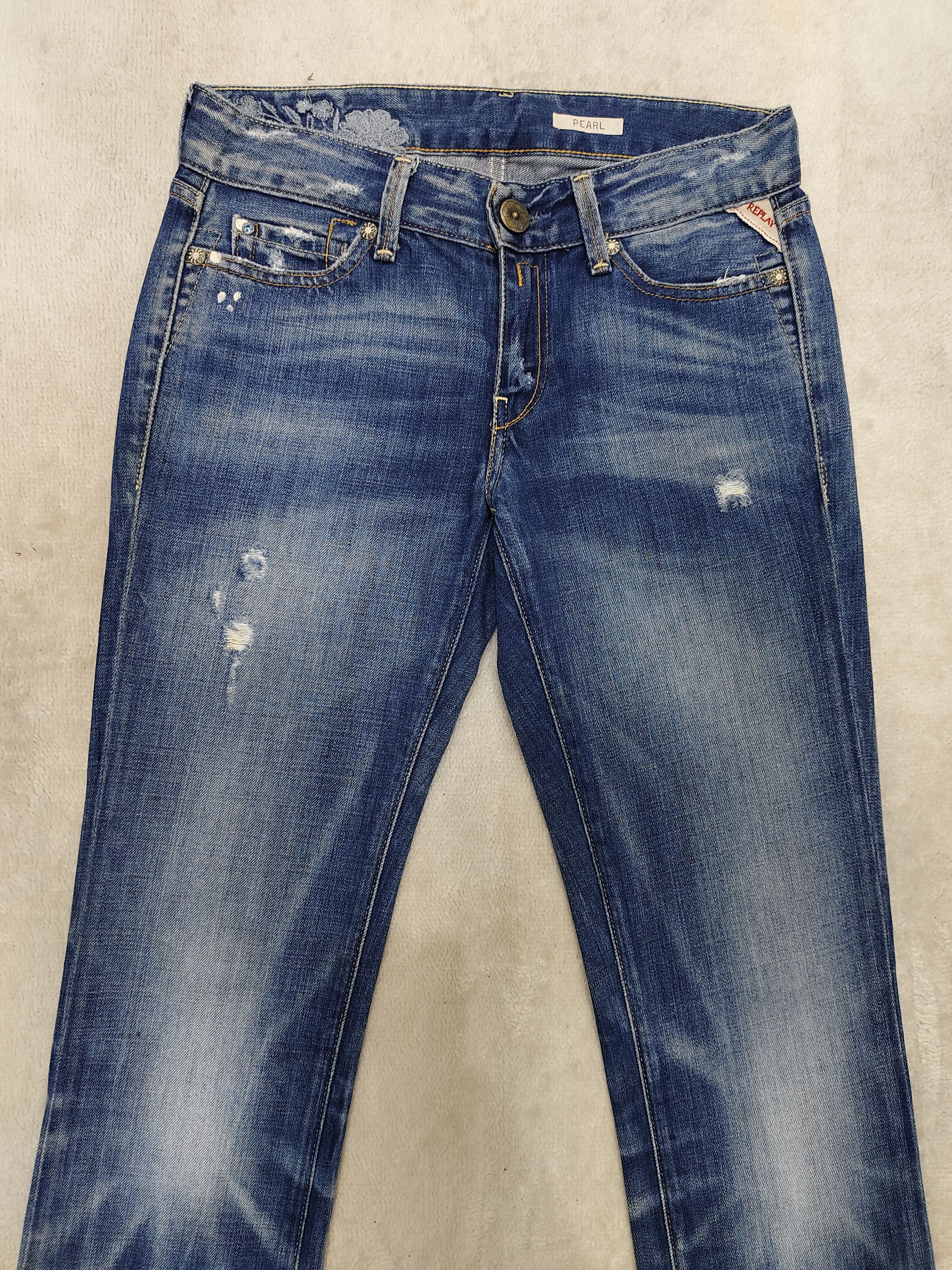 Japanese Brand 🔥Vtg Replay 🔥 Pearl Y2K Distressed Jeans Size 28" / US 6 / IT 42 - 2 Thumbnail