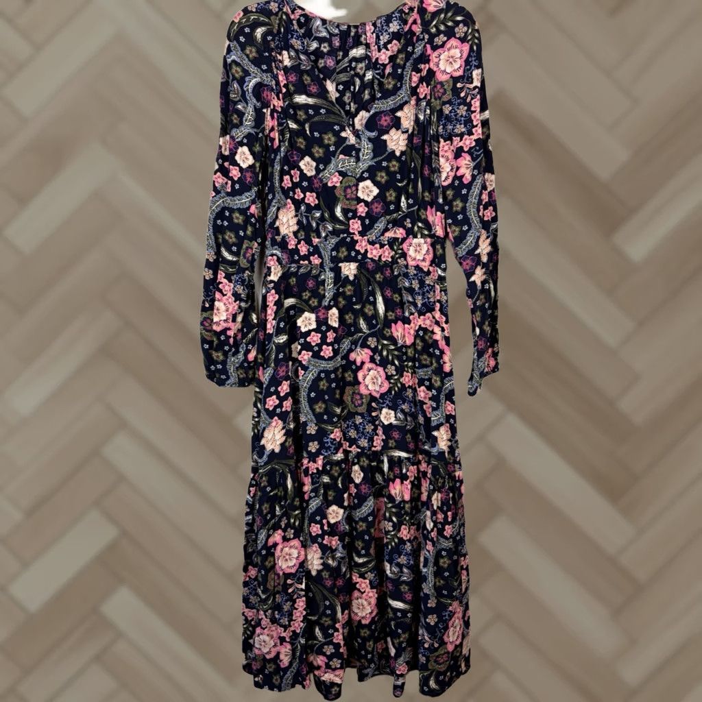 Loft LOFT Maxi Dress Womens Small Navy Blue Pink Floral Tiered Peasant Boho Prairie Size S / US 4 / IT 40 - 1 Thumbnail