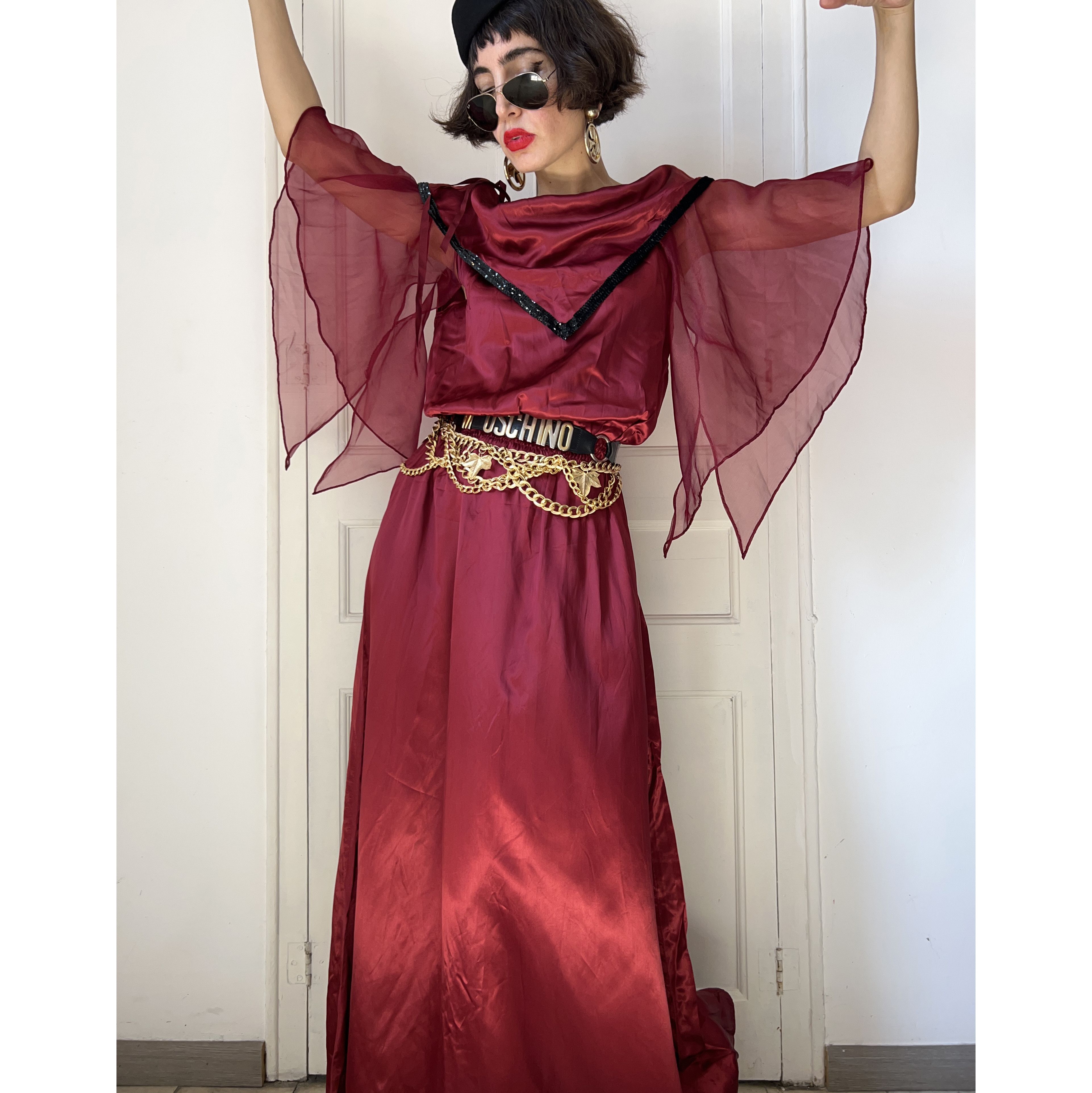 Vintage Vintage Burgundy Satin Maxi Fairy Costume Dress Size L / US 10 / IT 46 - 1 Thumbnail