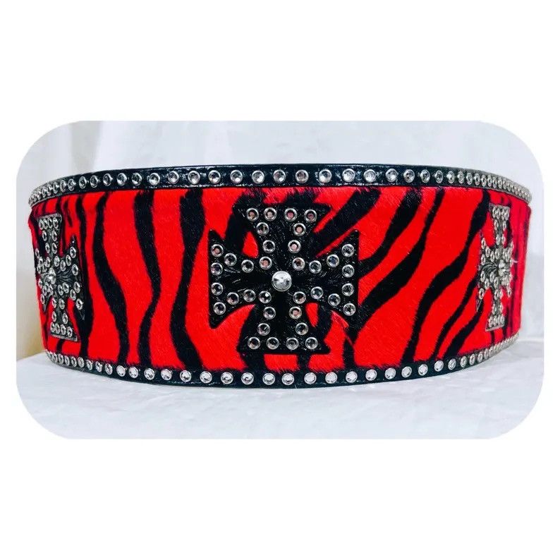 Other Red Zebra Print Pony Hair Leather Studded Iron Cross Belt XL Size 44 - 1 Thumbnail