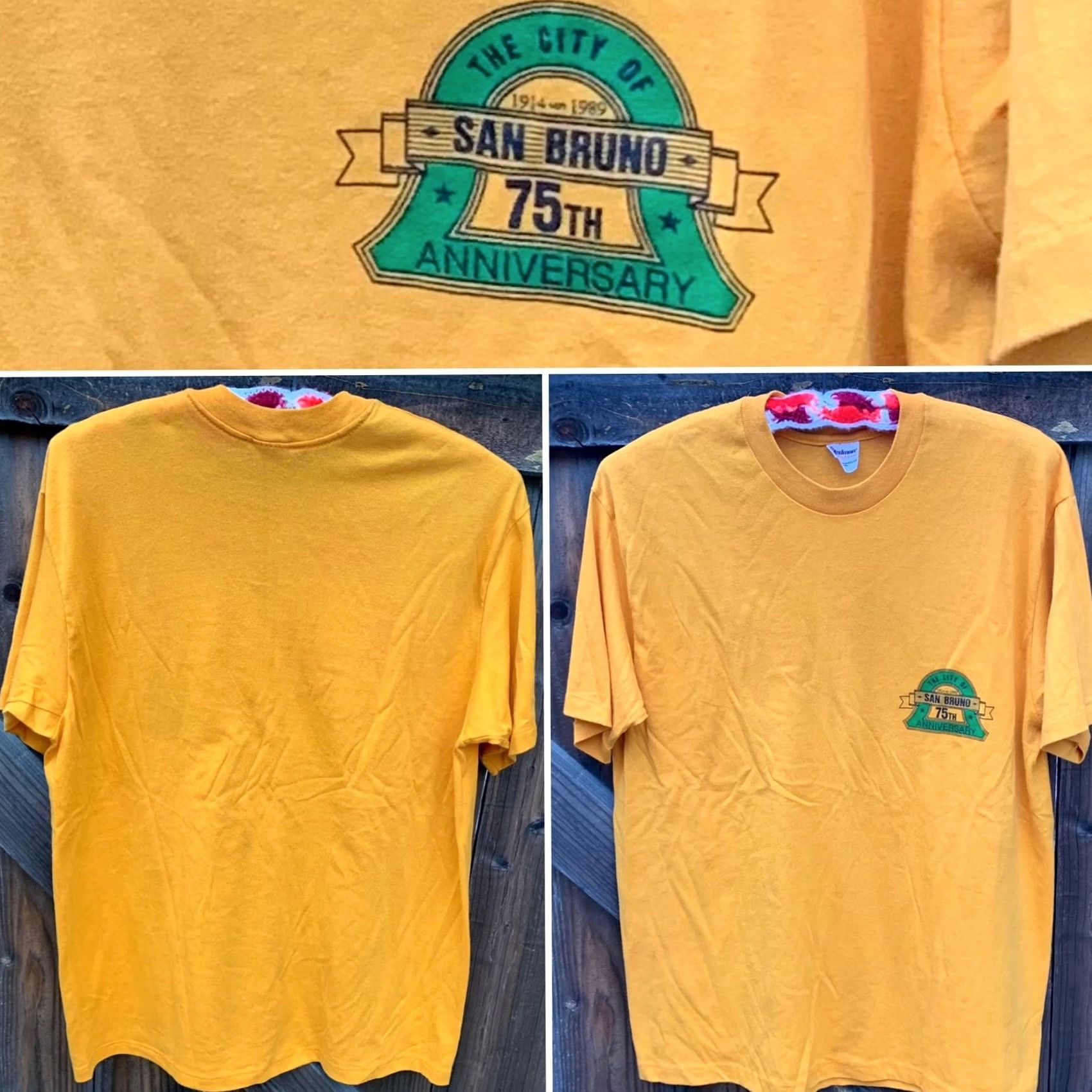 Vintage VINTAGE The City of San Bruno 75th Anniversary 1914 1989 t-shirt XL Yellow Mens Graphic Tee 1980s USA Stedman Size US XL / EU 56 / 4 - 6 Thumbnail