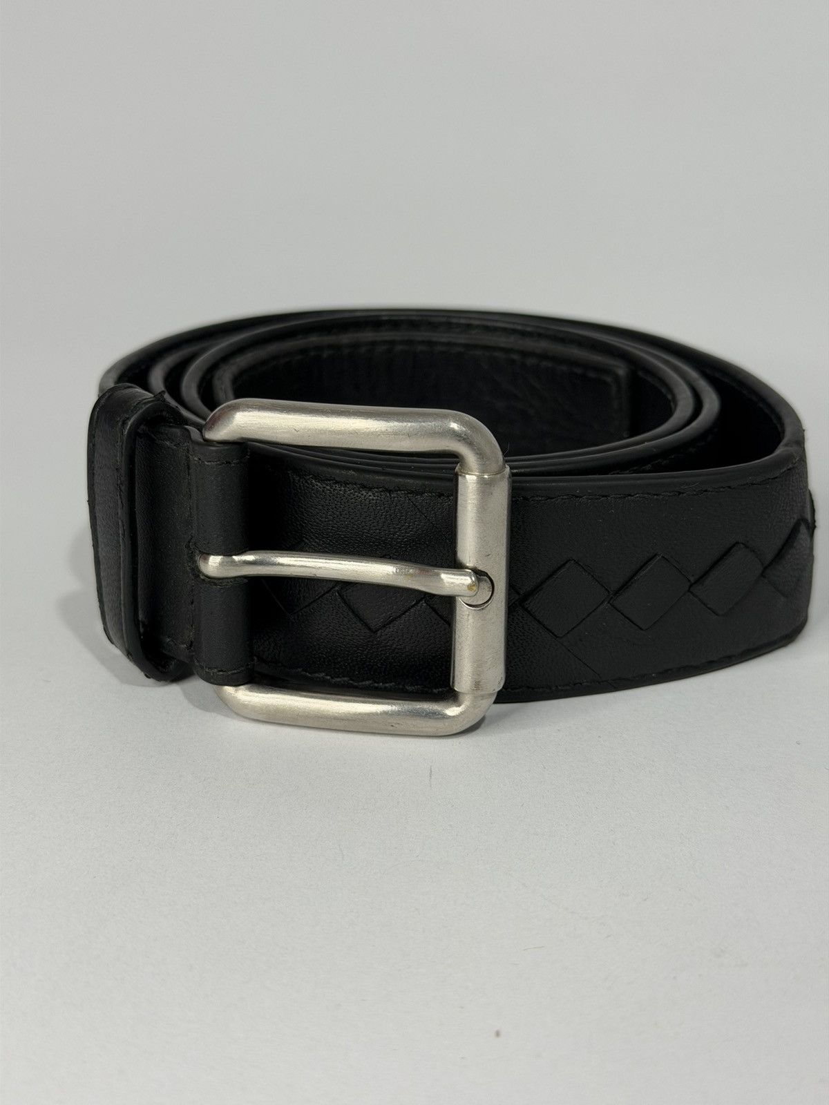 Bottega Veneta Black Leather Intrecciato Woven Belt
