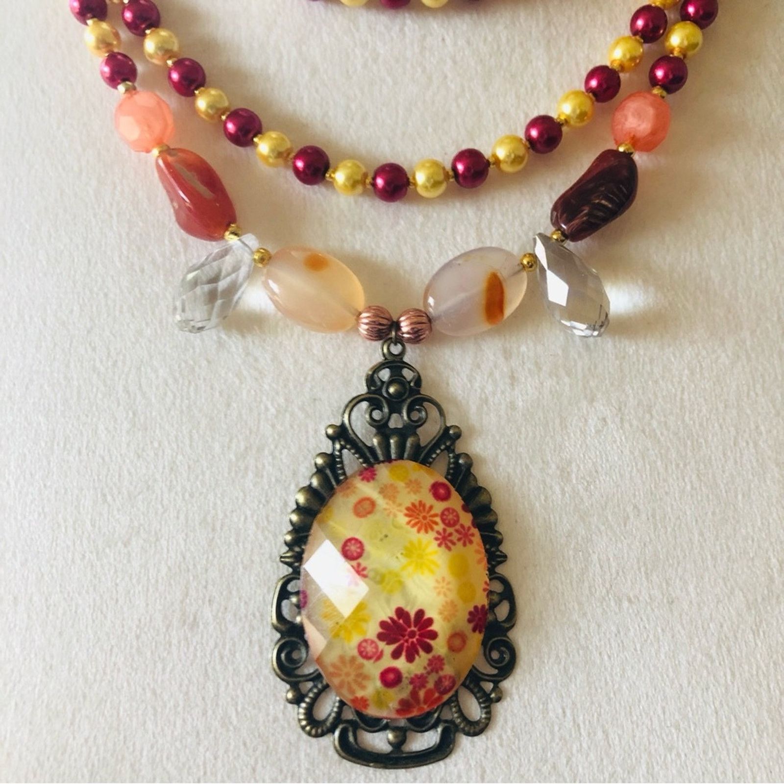 Handmade Handcrafted repurpose stone cameo pendant Pearl necklace Size ONE SIZE - 8 Thumbnail