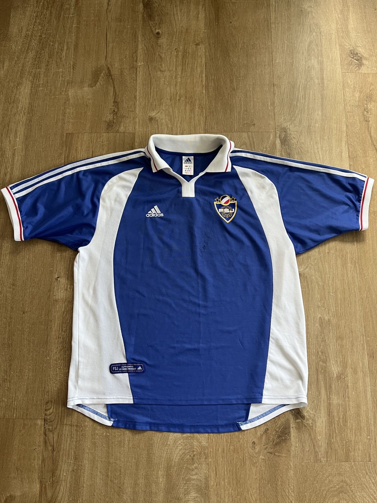 image of Vintage Adidas Yugoslavia Fsj Shirt Jersey With Autograph in Blue/White, Men's (Size XL)