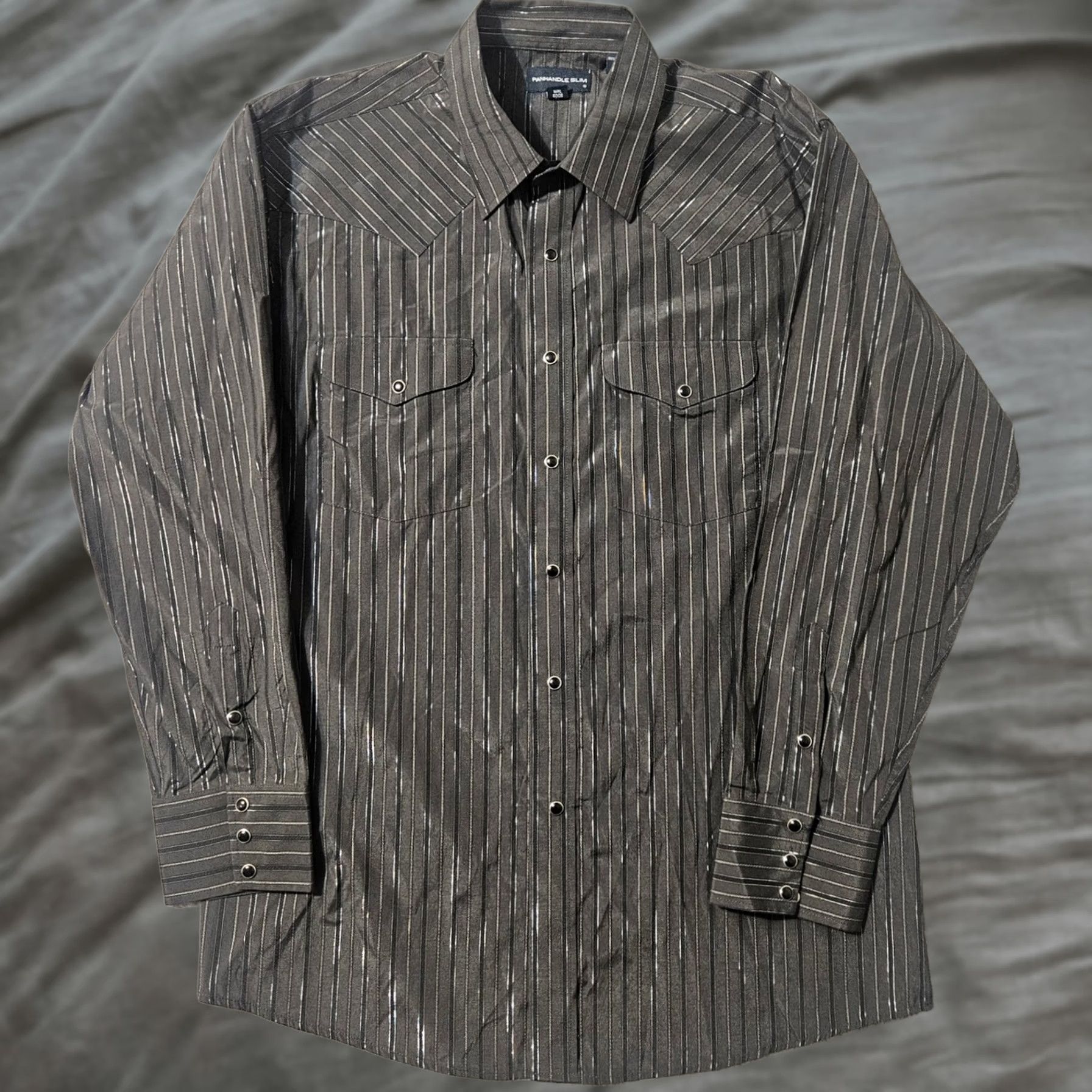 Vintage VINTAGE Panhandle Slim Shirt Mens L Black Long Sleeve Pearl Snaps Western Dress Shiny 16.5x35 Size 42R - 1 Thumbnail