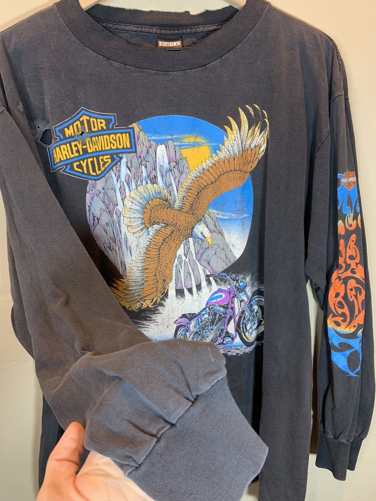 Harley Davidson × Vintage *RARE* Vintage Harley Davidson Eagle Flame Sleeve LS Shirt Size US L / EU 52-54 / 3 - 6 Thumbnail